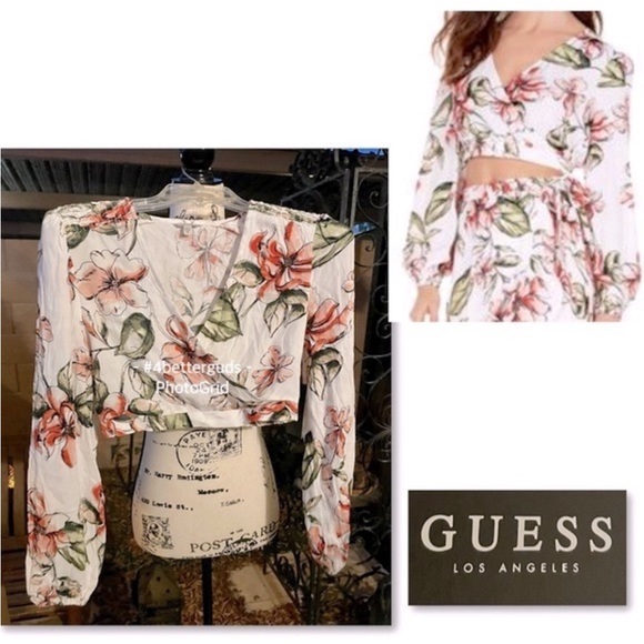 New Guess Long Sleeve Karlotta Blushing Azalea Floral Print Faux Wrap CropTop XS - Picture 10 of 16